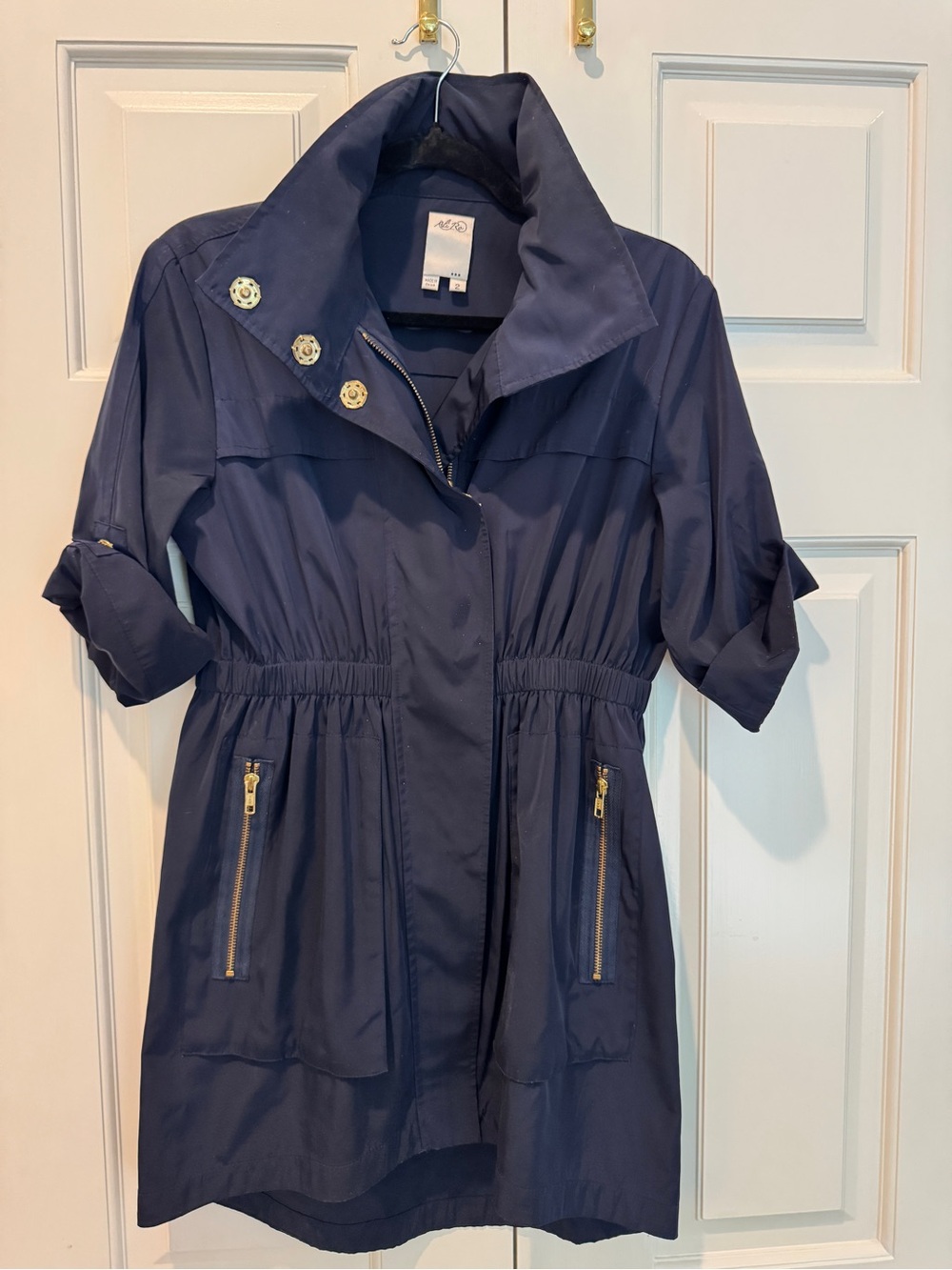 Ali Ro Navy Utility Trench Coat with Gold Zippers